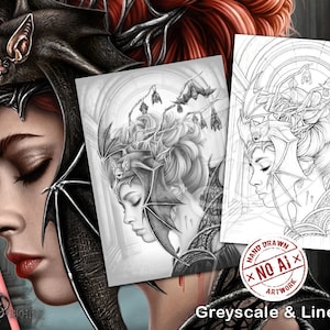 Puede incluir: Una ilustraci&oacute;n en escala de grises y arte de l&iacute;nea de una mujer con un tocado de murci&eacute;lago. La cara de la mujer est&aacute; de perfil, y tiene el pelo largo y suelto. El tocado est&aacute; hecho de detalles intrincados y tiene un murci&eacute;lago posado en la parte superior. La imagen est&aacute; etiquetada como "Escala de grises y arte de l&iacute;nea" y "Dibujado a mano - Sin IA".