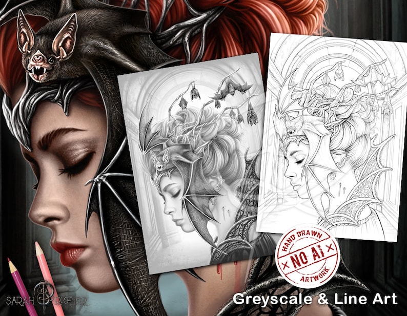 Puede incluir: Una ilustraci&oacute;n en escala de grises y arte de l&iacute;nea de una mujer con un tocado de murci&eacute;lago. La cara de la mujer est&aacute; de perfil, y tiene el pelo largo y suelto. El tocado est&aacute; hecho de detalles intrincados y tiene un murci&eacute;lago posado en la parte superior. La imagen est&aacute; etiquetada como "Escala de grises y arte de l&iacute;nea" y "Dibujado a mano - Sin IA".