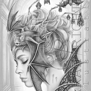 Puede incluir: Una ilustraci&oacute;n en blanco y negro de una mujer con un tocado de ala de murci&eacute;lago y una capa de ala de murci&eacute;lago. La mujer tiene el pelo largo y mira hacia abajo. El fondo es gris claro.