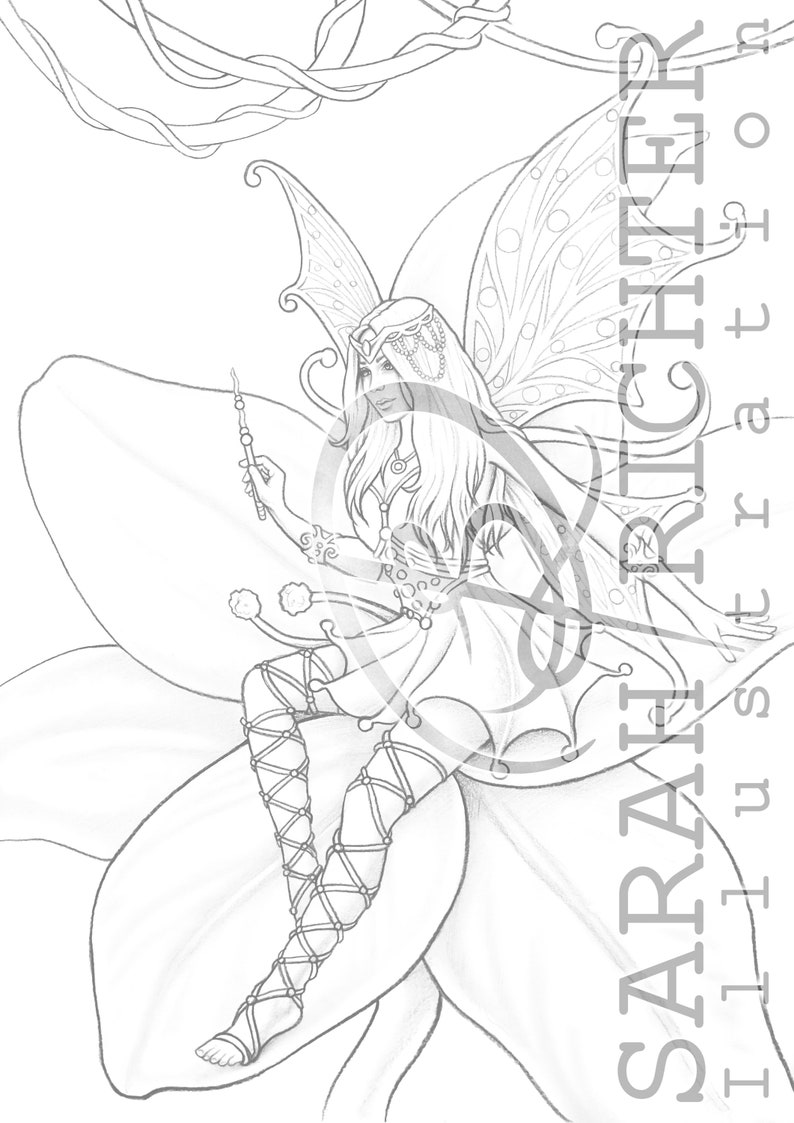 Faebruary2020 Elvina Coloring Page Fairy Fantasy / Printable fantasy Colouring pages for adults by Sarah Richter image 2