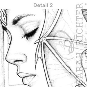 Puede incluir: Un dibujo en blanco y negro de la cara de una mujer con los ojos cerrados. La mujer tiene un ala en la mejilla. El dibujo est&aacute; firmado "Sarah Richter Illustration".