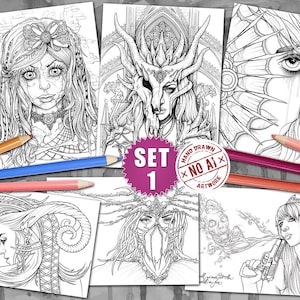May include: Set of six black and white printable colouring pages featuring intricate illustrations of women with fantastical elements, such as horns, masks, and wings. The pages are labelled "Set 1 Hand Drawn x No AI x Artwork".