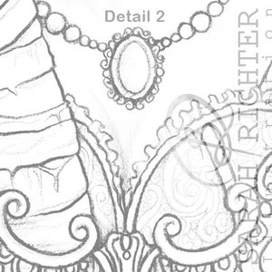 May include: A close-up of a detailed drawing of a woman's bodice with a pearl necklace and a pendant with a round, oval-shaped stone. The drawing is in black and white and has a delicate, intricate design.