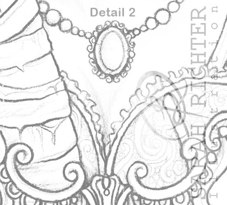 May include: A close-up of a detailed drawing of a woman's bodice with a pearl necklace and a pendant with a round, oval-shaped stone. The drawing is in black and white and has a delicate, intricate design.