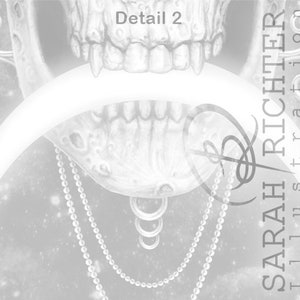 May include: A close-up of a white skull with a crescent moon shape above it. The skull has a detailed, realistic design with visible teeth. A string of pearls hangs from the skull, and the background is a blurry, white and gray galaxy.