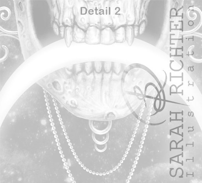 May include: A close-up of a white skull with a crescent moon shape above it. The skull has a detailed, realistic design with visible teeth. A string of pearls hangs from the skull, and the background is a blurry, white and gray galaxy.