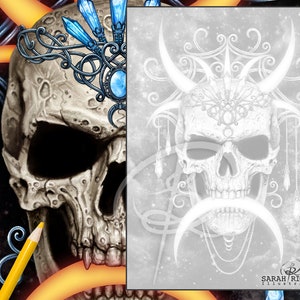 May include: A black and white illustration of a skull with a crown of horns and crystals. The skull is surrounded by a decorative design of swirls and crescents. The background is a white and gray gradient with a subtle sparkle effect.