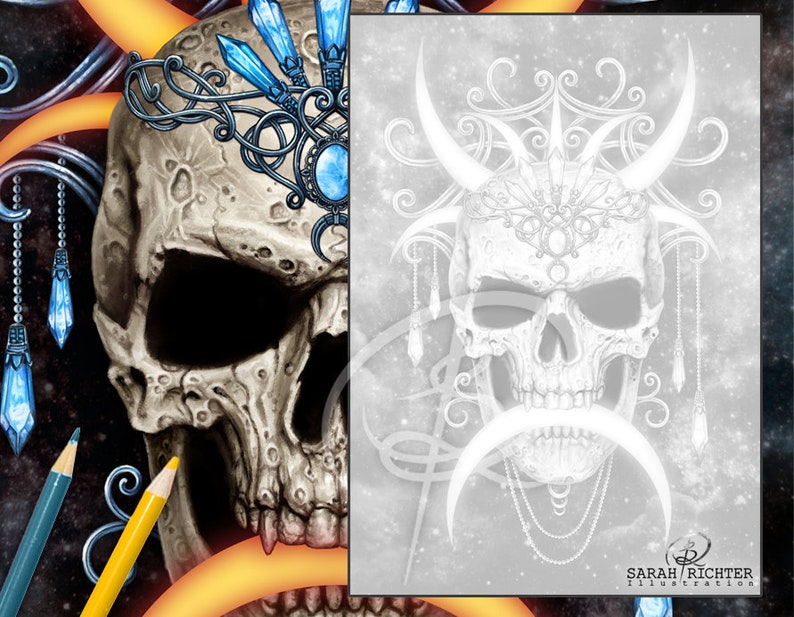 May include: A black and white illustration of a skull with a crown of horns and crystals. The skull is surrounded by a decorative design of swirls and crescents. The background is a white and gray gradient with a subtle sparkle effect.