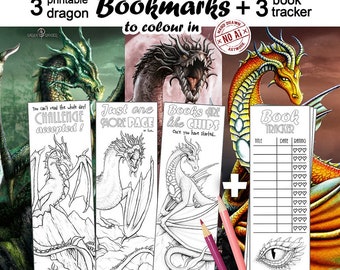 3 bookmarks to print and color + 3 book trackers with dragon design by Sarah Richter