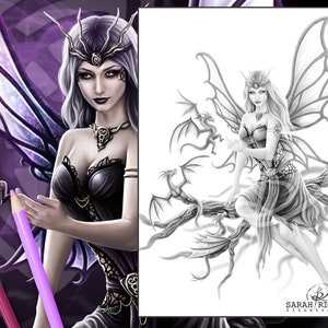 Può includere: Un disegno in bianco e nero di una fata con le ali, seduta su un ramo con tre piccoli draghi. La fata indossa una corona e un lungo vestito. Il disegno è etichettato come "Sarah/Richter Illustration" e "Disegnato a mano - No AI Artwork".