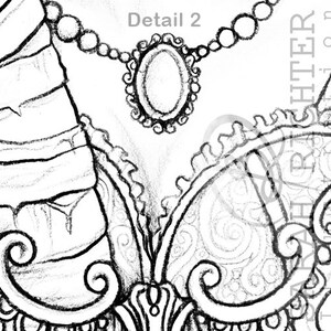 May include: A black and white illustration of a woman's bodice with a detailed design. The bodice features a decorative necklace with a round pendant. The text "Detail 2" is visible in the upper right corner of the image.