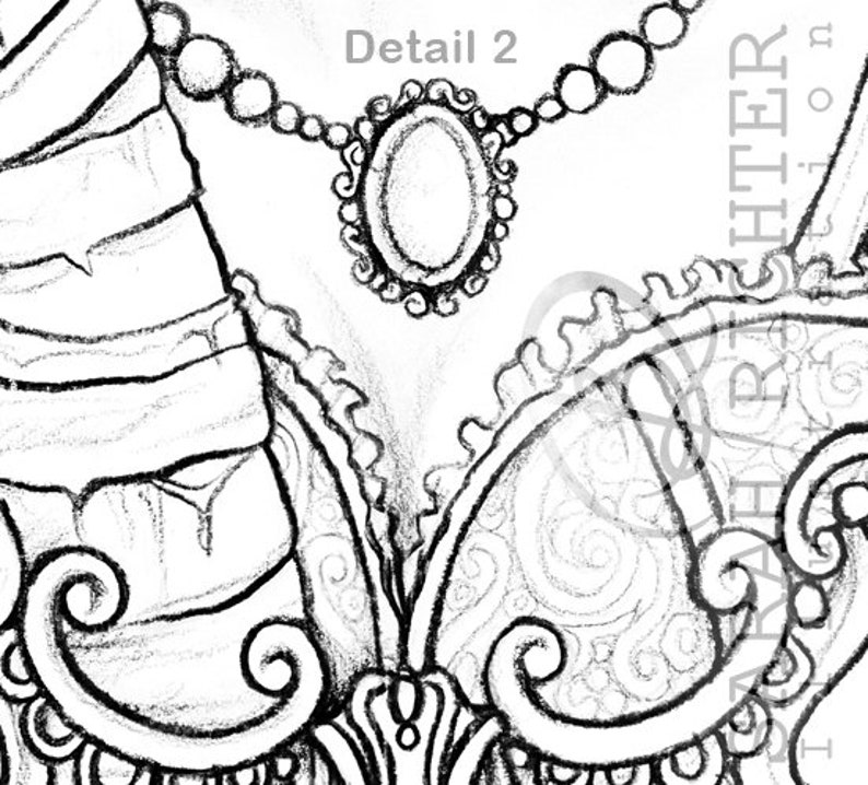 May include: A black and white illustration of a woman's bodice with a detailed design. The bodice features a decorative necklace with a round pendant. The text "Detail 2" is visible in the upper right corner of the image.