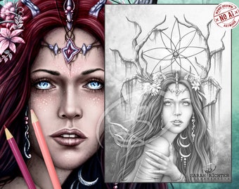 May include: A black and white illustration of a woman with long hair, wearing a crown of antlers and flowers. She is holding her hand to her chest, and there is a dreamcatcher behind her. The text "SARAH RICHTER illustration" is at the bottom of the image.
