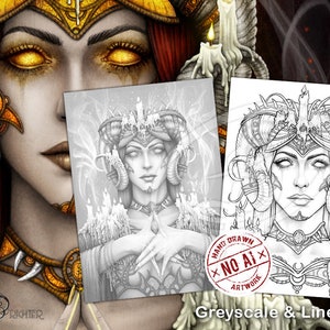 May include: A grayscale and line art drawing of a woman with horns and a crown of candles. The drawing is labelled "Hand Drawn - No AI - Artwork" and "Greyscale & Line Art".