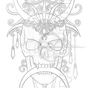 May include: A detailed line drawing of a skull with horns, a crown, and a crescent moon. The skull is adorned with intricate details and chains.