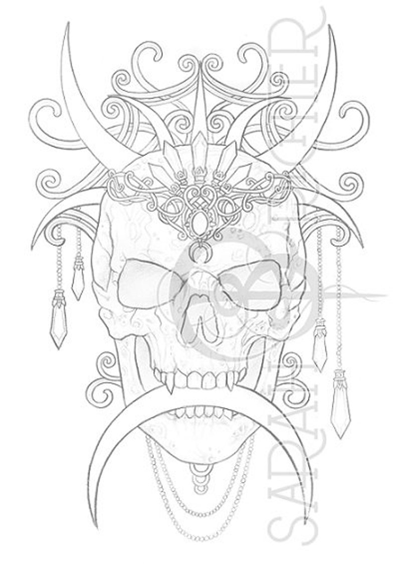 May include: A detailed line drawing of a skull with horns, a crown, and a crescent moon. The skull is adorned with intricate details and chains.