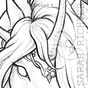 May include: A black and white pencil drawing of a woman's face with long hair. The drawing is detailed and shows the woman's features clearly. The drawing is signed "SARAH RICHTER" in the bottom right corner.