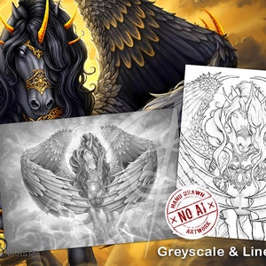 May include: A black winged horse with gold accents and a halo. The horse is depicted in both a grayscale and line art style. The image includes the text "Hand Drawn - No AI - Artwork".
