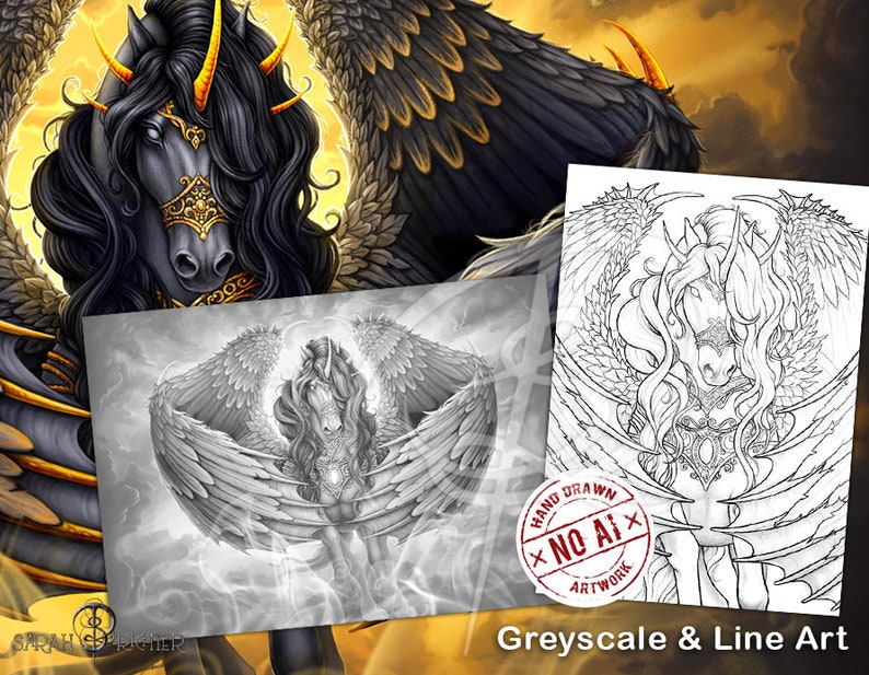 May include: A black winged horse with gold accents and a halo. The horse is depicted in both a grayscale and line art style. The image includes the text "Hand Drawn - No AI - Artwork".