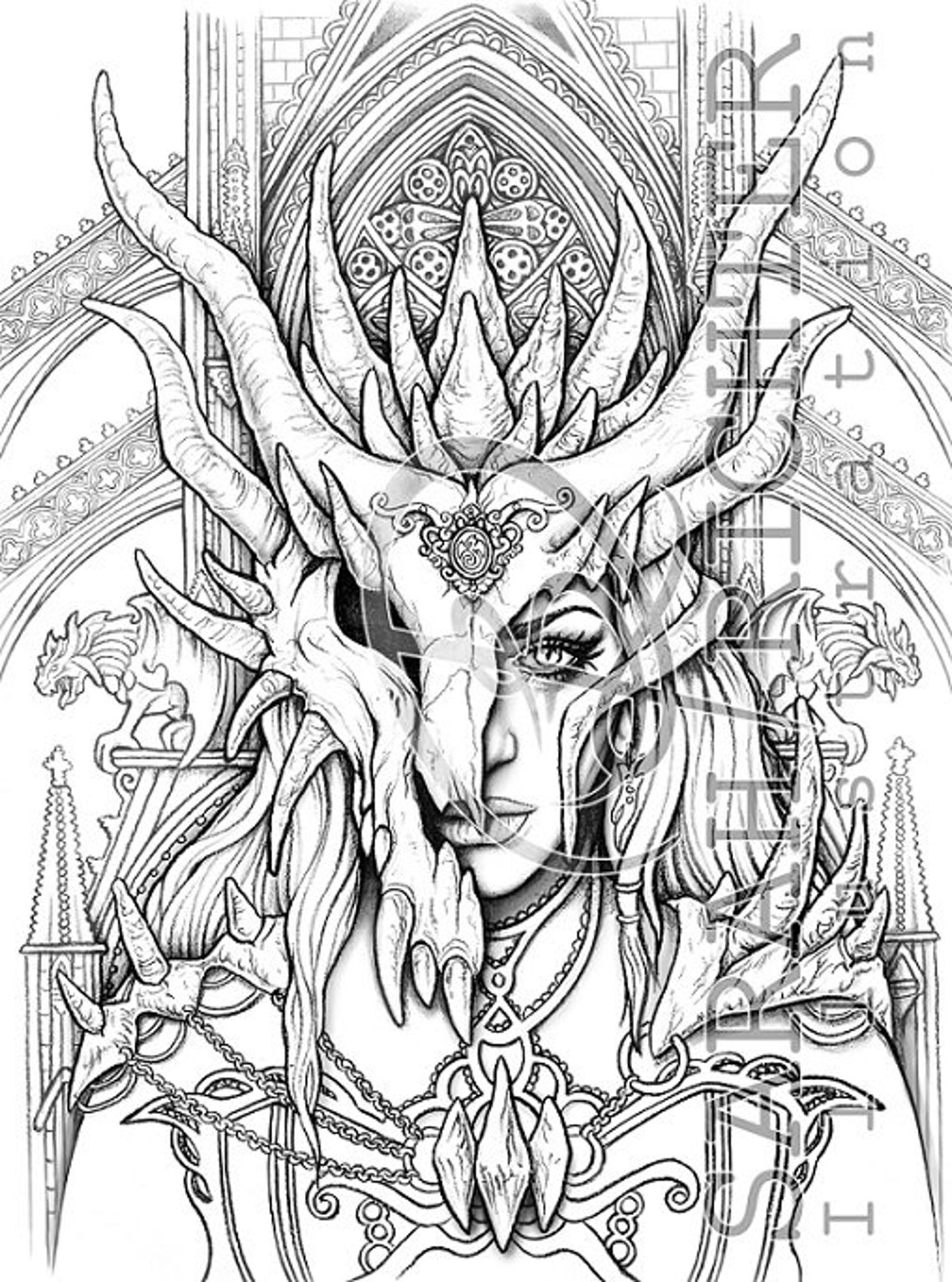 Dragon Mask / Coloring Page Gothic Fantasy by Sarah Richter | Etsy