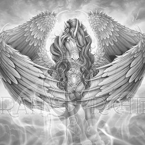 May include: A black and white illustration of a winged unicorn with a halo. The unicorn is standing on a cloud with its wings spread out.