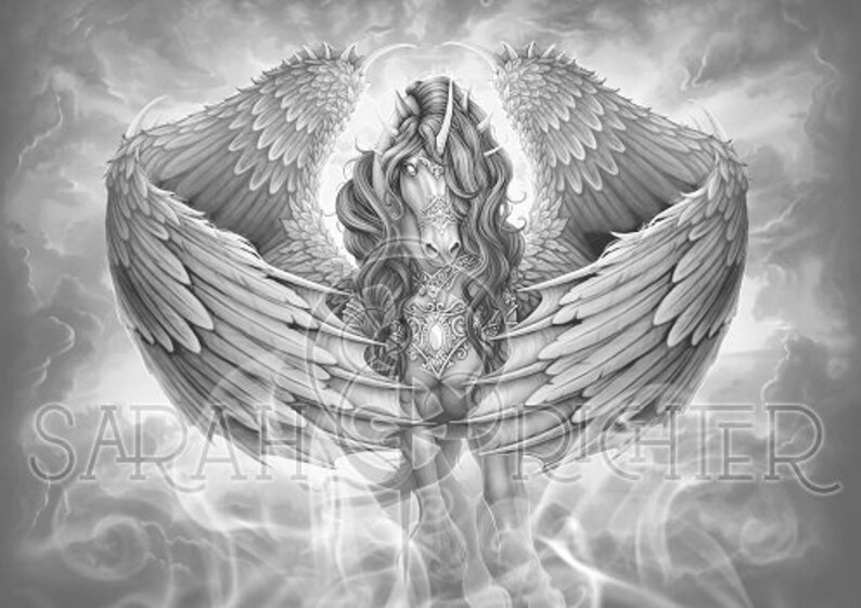 May include: A black and white illustration of a winged unicorn with a halo. The unicorn is standing on a cloud with its wings spread out.