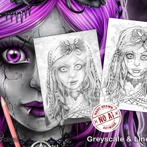 May include: A grayscale and line art drawing of a young woman with a distressed, cracked face. She has a large bow in her hair and a choker necklace. The text "Hand Drawn - No AI - Artwork" is visible in a red circle.