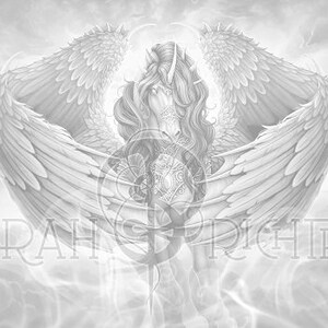 May include: A black and white illustration of a winged unicorn with a halo. The unicorn is standing on a cloud with its wings spread out.