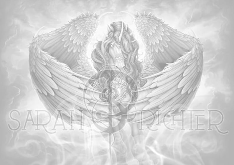 May include: A black and white illustration of a winged unicorn with a halo. The unicorn is standing on a cloud with its wings spread out.