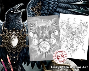 Sinister Wings Grayscale and Line Art Coloring Page Set to Print by Sarah Richter