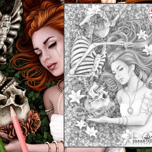 Puede incluir: Ilustración detallada de una mujer pelirroja y un esqueleto. La mujer está acostada, con lágrimas en la cara, y una calavera cerca. La obra de arte es en blanco y negro con lápices de colores en primer plano. El texto "HAND DRAWN NO AI ARTWORK" es visible.