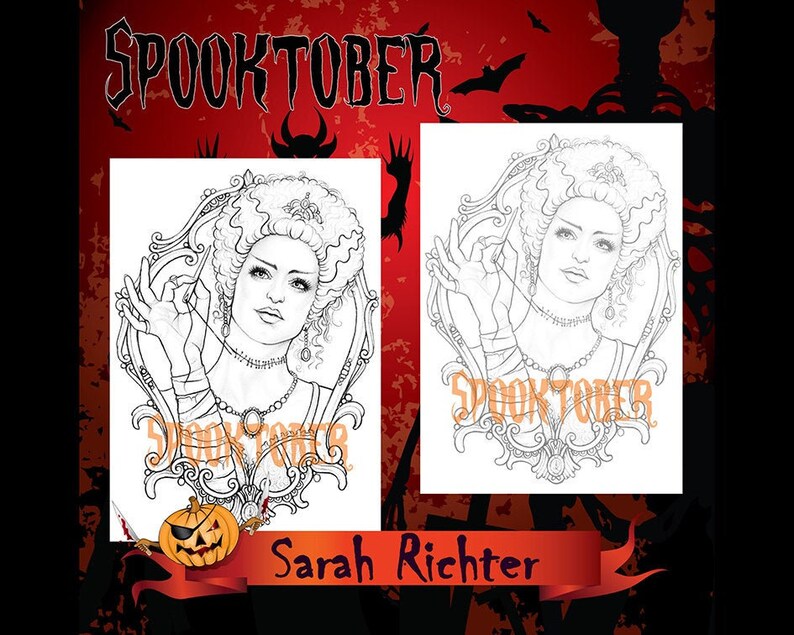 May include: A black and white line drawing of a woman with a large, elaborate hairstyle, wearing a necklace and a bracelet. She is holding a needle and thread in her right hand. The drawing is framed in an ornate frame. The text "SPOOKTOBER" is visible in the background.