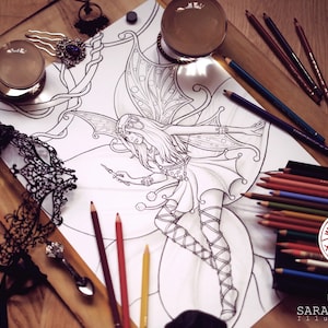 Faebruary2020 "Elvina" Coloring Page - Fairy Fantasy / Printable fantasy Colouring pages for adults by Sarah Richter