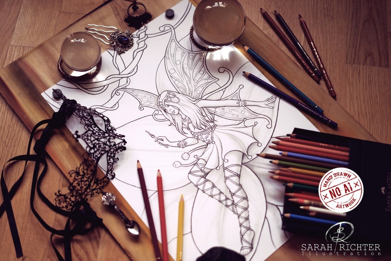 Faebruary2020 Elvina Coloring Page Fairy Fantasy / Printable fantasy Colouring pages for adults by Sarah Richter image 1