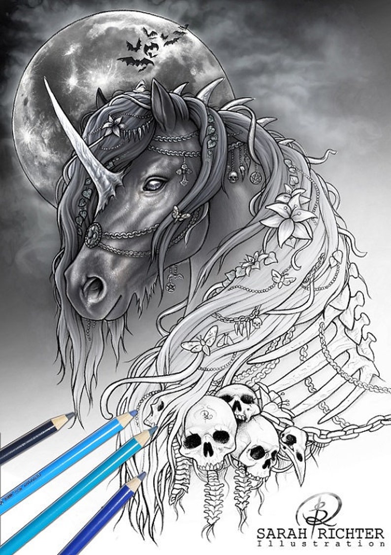 Dark Unicorn / Coloring Page Gothic Fantasy by Sarah Richter | Etsy