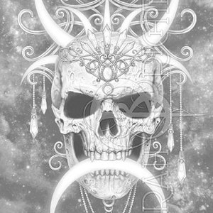May include: A white skull with a crown of crescent moons and crystals on a gray and white galaxy background.