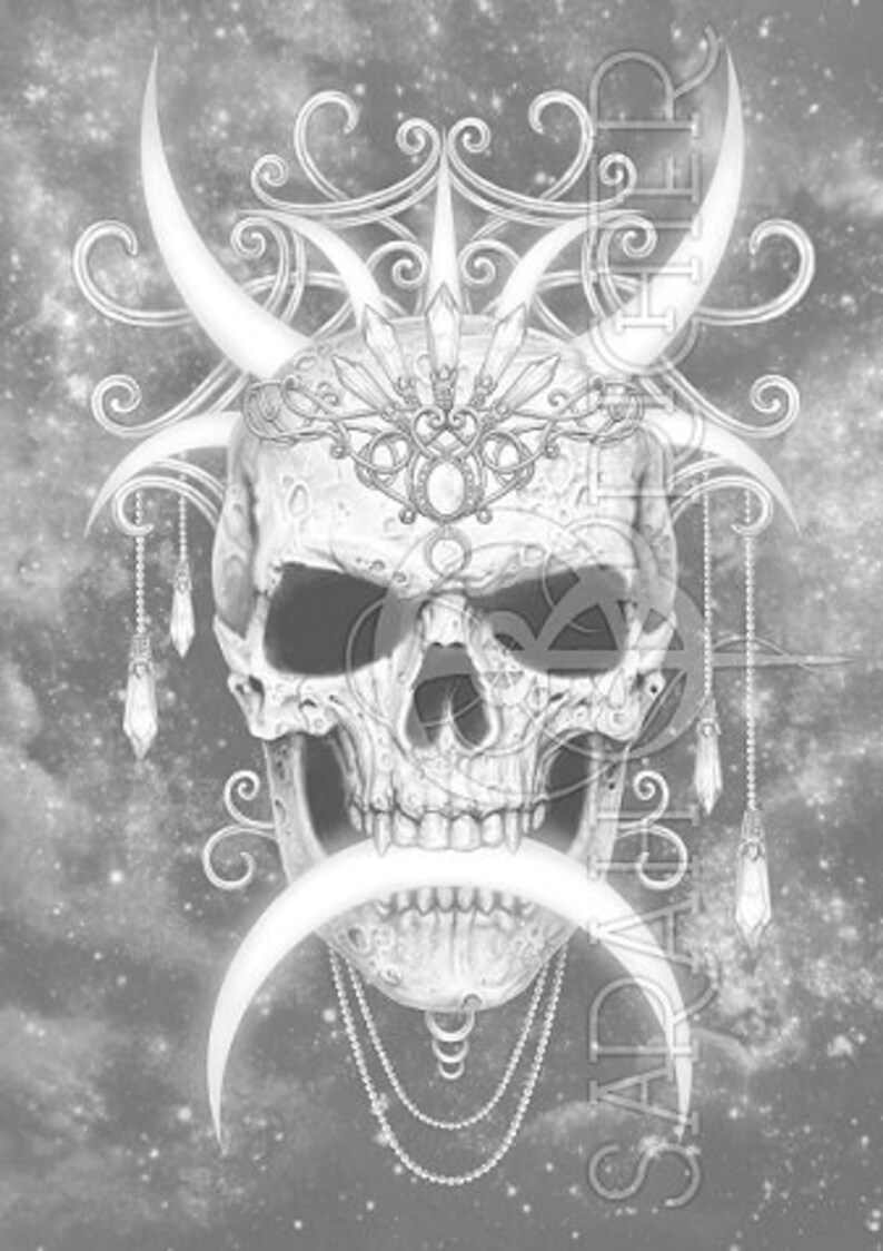 May include: A white skull with a crown of crescent moons and crystals on a gray and white galaxy background.