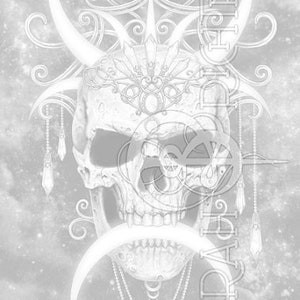 May include: A white skull with intricate details, including a crown of crystals and crescent moons, set against a white starry background.