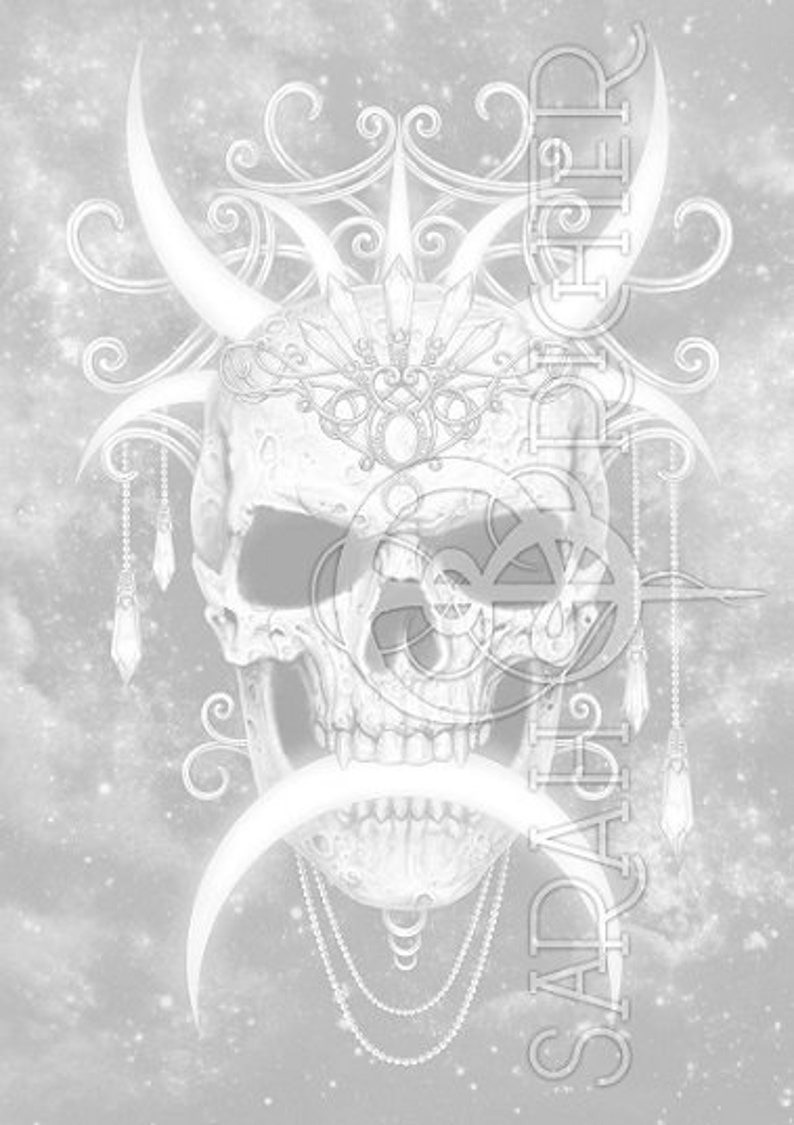 May include: A white skull with intricate details, including a crown of crystals and crescent moons, set against a white starry background.