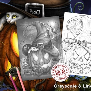Una página para colorear de arte lineal y escala de grises nocturna espeluznante preparada para imprimir por Sarah Richter