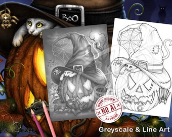 Una página para colorear de arte lineal y escala de grises nocturna espeluznante preparada para imprimir por Sarah Richter