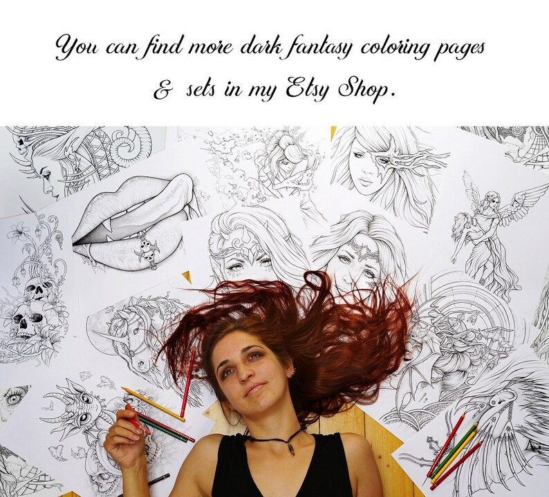 May include: A woman with long red hair lies on a wooden floor surrounded by black and white coloring pages featuring fantasy creatures and designs. The text "You can find more dark fantasy coloring pages & sets in my Etsy Shop." is visible in the image.