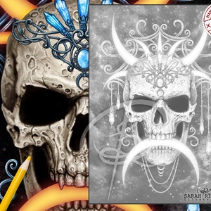 May include: A black and white illustration of a skull with a crown of crystals and crescent moons. The skull is adorned with intricate details and a beaded necklace. The text "HAND DRAWN *NO AI* ARTWORK" is in the upper right corner of the image.