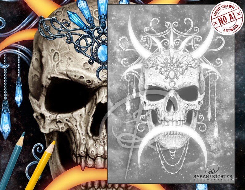 May include: A black and white illustration of a skull with a crown of crystals and crescent moons. The skull is adorned with intricate details and a beaded necklace. The text "HAND DRAWN *NO AI* ARTWORK" is in the upper right corner of the image.