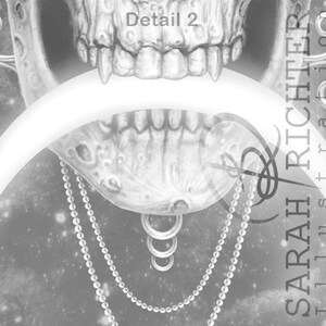 May include: A black and white illustration of a skull with a crescent moon shape around it. The skull has a detailed design with a chain of pearls hanging from it. The text "Detail 2" is visible at the top of the image. The text "SARAH RICHTER illus. & tracio" is visible on the right side of the image.