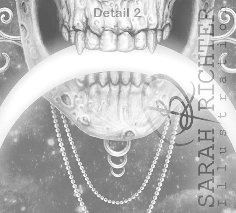 May include: A black and white illustration of a skull with a crescent moon shape around it. The skull has a detailed design with a chain of pearls hanging from it. The text "Detail 2" is visible at the top of the image. The text "SARAH RICHTER illus. & tracio" is visible on the right side of the image.