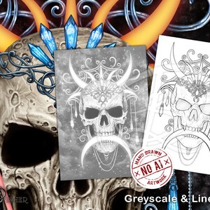 May include: A grayscale and line art printable coloring page featuring a skull with horns, a crown, and intricate details. The skull is surrounded by crescent moons and chains. The text "HAND DRAWN &times; NO AI &times; ARTWORK" is visible in the lower right corner.