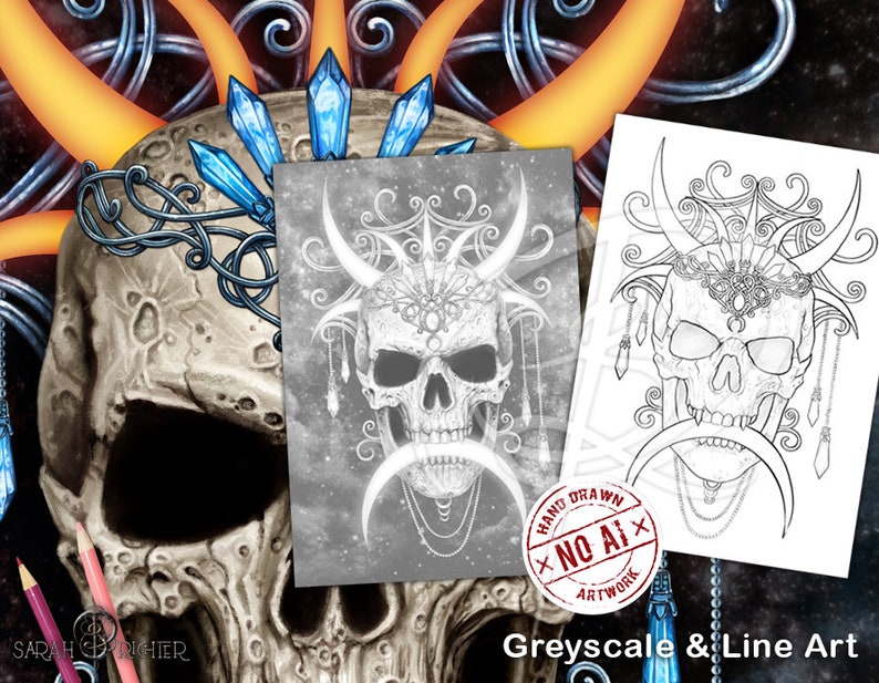 May include: A grayscale and line art printable coloring page featuring a skull with horns, a crown, and intricate details. The skull is surrounded by crescent moons and chains. The text "HAND DRAWN &times; NO AI &times; ARTWORK" is visible in the lower right corner.