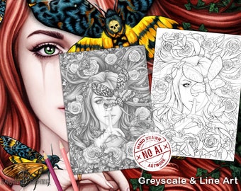 Página para colorear en escala de grises y arte lineal de Lady Moth configurada para imprimir por Sarah Richter