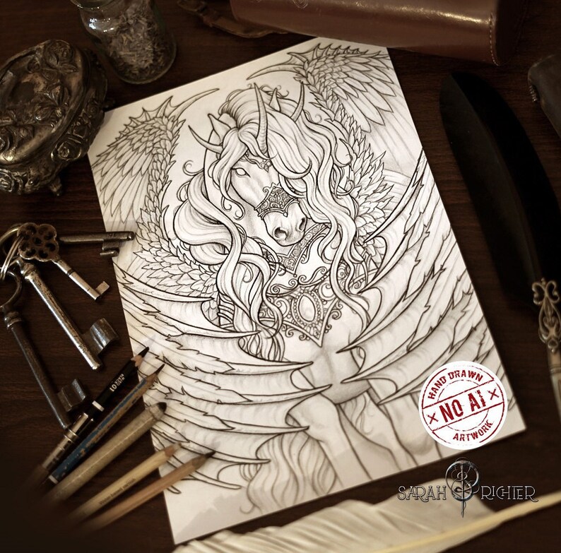 May include: A black and white line drawing of a winged unicorn with a detailed ornate collar. The drawing is on white paper with a red stamp that says "Hand Drawn No AI Artwork".